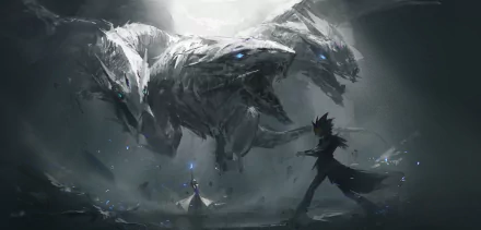 Anime Yu-Gi-Oh! 4K Ultra HD PC desktop wallpaper: silhouetted duelist confronts three towering ethereal Blue-Eyes White Dragon heads, glowing blue eyes amid stormy mist.