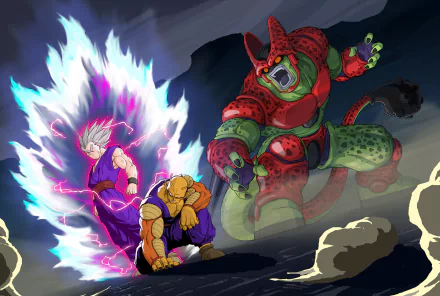 HD PC desktop wallpaper featuring intense characters from the anime Dragon Ball Super: Super Hero, showcasing dynamic action and vivid energy effects.