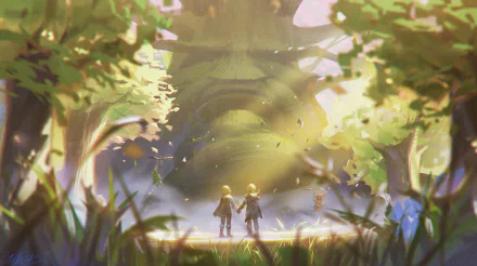HD PC desktop wallpaper featuring a serene forest scene from the video game The Legend of Zelda: Breath of the Wild, with two characters walking hand in hand.