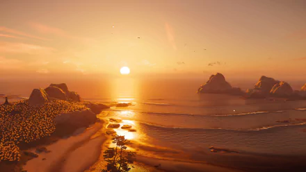 4K Ultra HD PC desktop wallpaper from PlayStation 5 video game Ghost of Tsushima: golden sunset over curved shoreline, islands, waves and silhouetted trees.