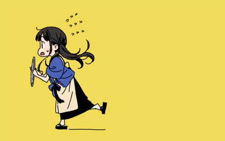 HD anime desktop wallpaper featuring Takina Inoue from Lycoris Recoil running with a pan against a solid yellow background.