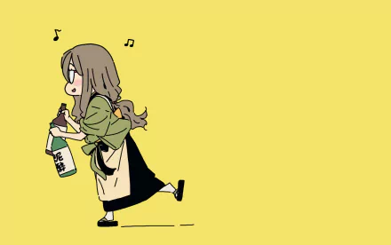 HD anime desktop wallpaper of Mizuki Nakahara from Lycoris Recoil, featuring her happily walking with a bottle against a plain yellow background.