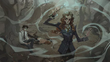 4K PC wallpaper (Harry Potter: Magic Awakened): Hermione Granger casting magic in a misty forest while Ron Weasley and Harry Potter sit injured behind her.