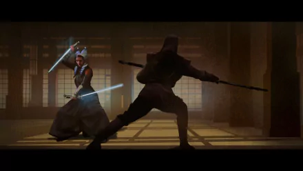 Ahsoka Tano in a Star Wars sci‑fi duel, wielding dual lightsabers against an opponent in a dim dojo — HD PC desktop wallpaper/background.