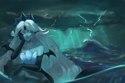 Black Pearl Cookie from COOKIE RUN: KINGDOM stands amid a stormy, teal-lit sea with flowing hair, shell bodice and bat-like wings — 4K Ultra HD PC desktop wallpaper/background.