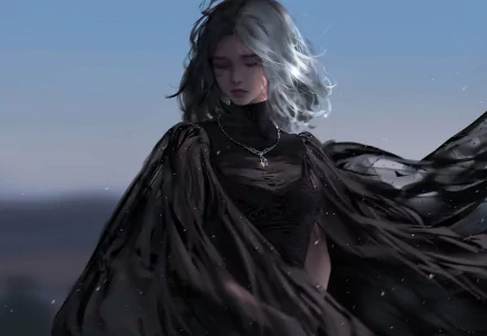 Fantasy-themed 4K Ultra HD wallpaper featuring a woman with silver hair in a flowing black garment against a muted, ethereal background.