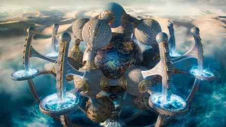 HD desktop wallpaper featuring a fantastical structure with spherical elements and bridges against a cloudy sky backdrop.