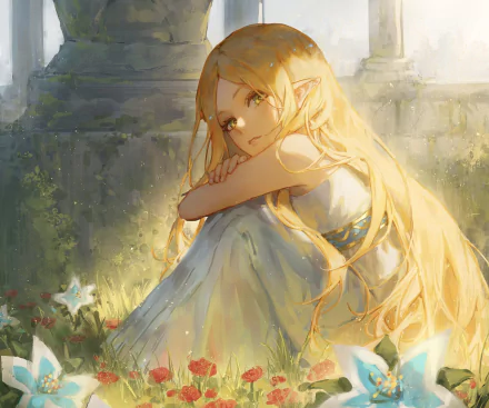 HD PC desktop wallpaper featuring Princess Zelda from the video game The Legend of Zelda: Breath of the Wild, depicted in a serene, sunlit setting.