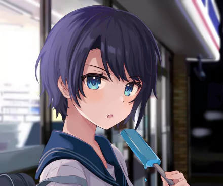 Oozora Subaru, hololive Virtual YouTuber: anime-style portrait with short dark hair and blue eyes holding a popsicle on a nighttime city street — 2K Quad HD PC wallpaper
