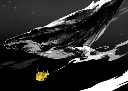 Monochrome anime scene from One Piece: a colossal whale looming over a tiny yellow submarine, 4K Ultra HD PC desktop wallpaper/background.