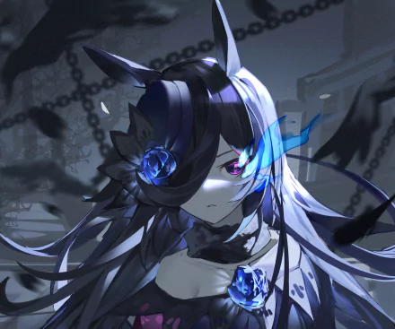 HD PC wallpaper of Rice Shower from Uma Musume: Pretty Derby — moody anime portrait with horse ears, long silver hair, a blue rose, glowing blue eye and chains in the background.