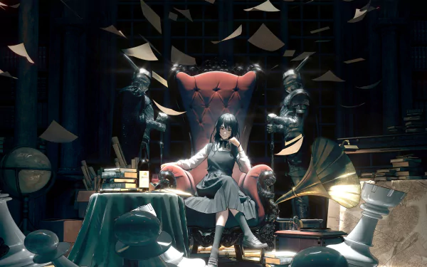 HD anime desktop wallpaper featuring Asa Mitaka, the War Devil from Chainsaw Man, seated confidently in a dim, book-filled room with scattered papers and vintage decor.