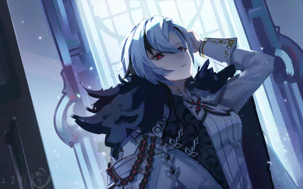 Arlecchino from Genshin Impact in a detailed 4K Ultra HD PC desktop wallpaper, showcasing the character's striking design and atmospheric lighting.