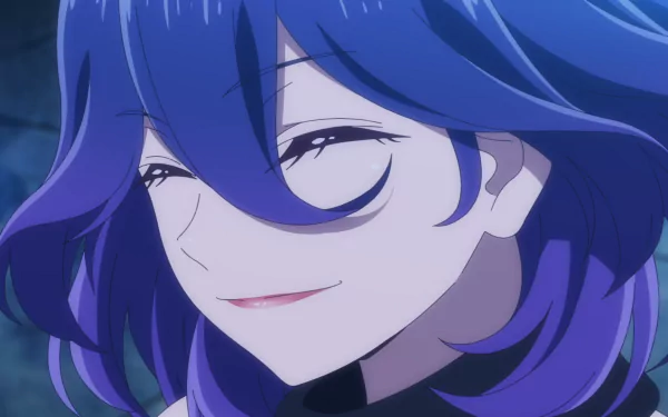 Close-up anime-style HD desktop wallpaper of Vermeil from Kinsou no Vermeil, featuring her with flowing blue hair and a gentle smile in vibrant colors.