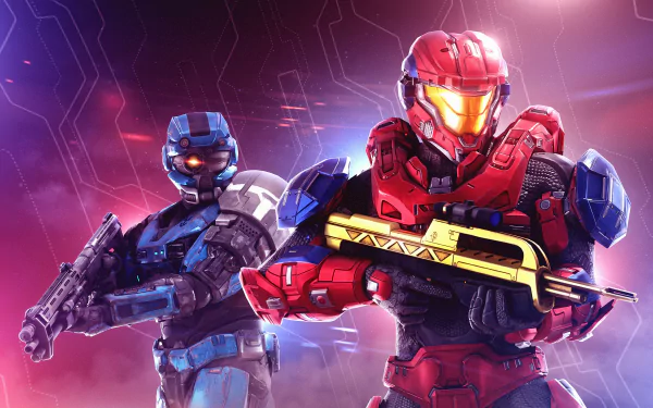 Halo video game 4K Ultra HD PC desktop wallpaper/background: two armored Spartans — red and blue — brandishing futuristic rifles against a neon sci-fi battleground.