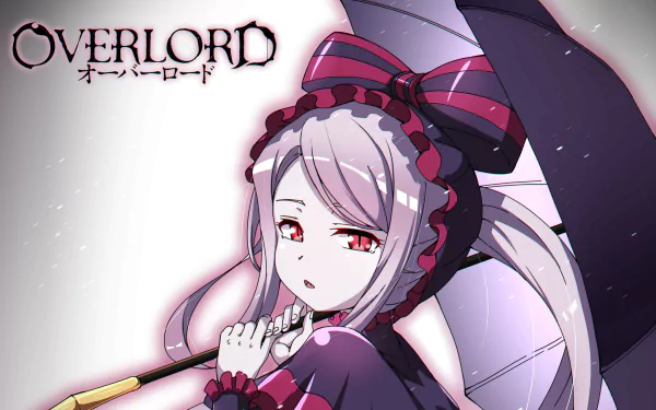 4K Ultra HD anime wallpaper featuring Shalltear Bloodfallen from Overlord, showcasing her elegant pose with a parasol against a light background.