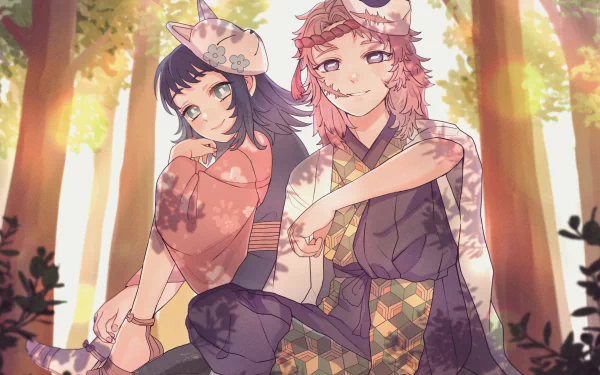 HD anime wallpaper featuring Makomo and Sabito from Demon Slayer: Kimetsu no Yaiba, set in a sunlit forest with soft, warm lighting.