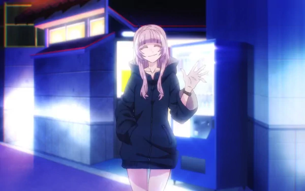 Nazuna Nanakusa from Call of the Night smiles while wearing a hoodie, set against a vibrant night scene, making for an engaging HD desktop wallpaper.