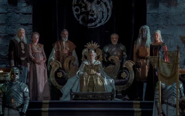 4K Ultra HD PC wallpaper: throne room from the TV show House of the Dragon — a monarch seated on an ornate throne, flanked by courtiers and armored guards.