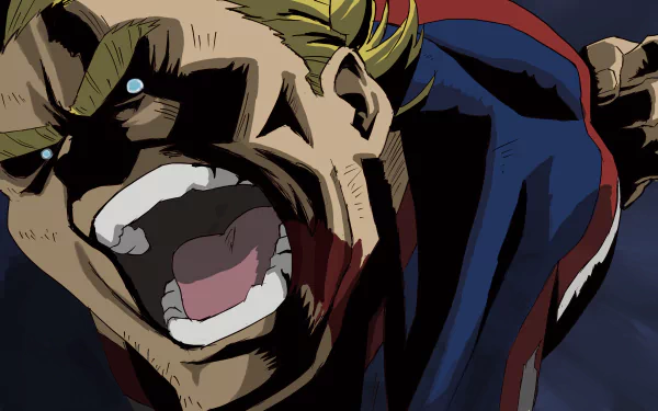 All Might from My Hero Academia in a dramatic anime close-up, roaring with fierce intensity — 4K Ultra HD PC desktop wallpaper/background.