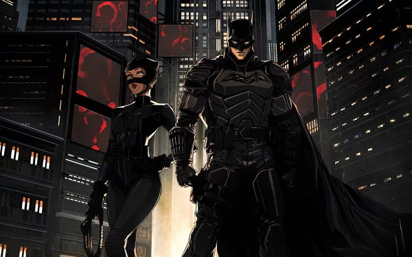 Movie The Batman 4K Ultra HD PC desktop wallpaper: armored Batman and Catwoman stand amid neon-lit Gotham skyscrapers.