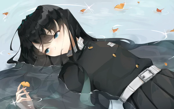 HD anime desktop wallpaper of Muichiro Tokito from Demon Slayer: Kimetsu no Yaiba, featuring him lying calmly with flowing black hair and scattered orange leaves.