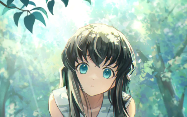 HD anime wallpaper featuring Yuichiro Tokito from Demon Slayer: Kimetsu no Yaiba, with soft sunlight filtering through lush green foliage.