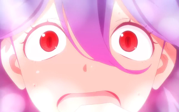 HD PC desktop wallpaper: close-up anime of Vermeil (Kinsou no Vermeil) — Vermeil in Gold with purple hair, wide red eyes and shocked, flushed expression against pink bokeh background.