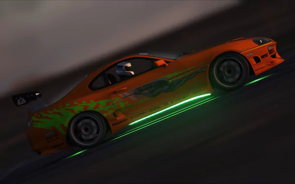 HD PC desktop wallpaper: orange Toyota Supra with green neon underglow drifting at speed in the Assetto Corsa video game.