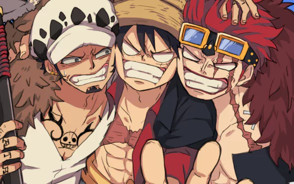 HD anime desktop wallpaper featuring Eustass Kid, Monkey D. Luffy, and Trafalgar Law from One Piece, all smiling with fierce expressions and dynamic poses.