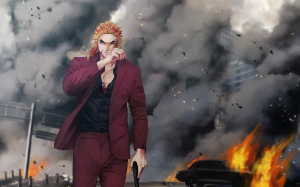 Shinjuro Rengoku from the anime Demon Slayer: Kimetsu no Yaiba in a crimson suit amid burning wreckage and smoke — dramatic 2K Quad HD PC desktop background.
