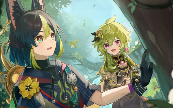 Collei and Tighnari from Genshin Impact are depicted in a vibrant forest setting in this 4K Ultra HD PC desktop wallpaper.