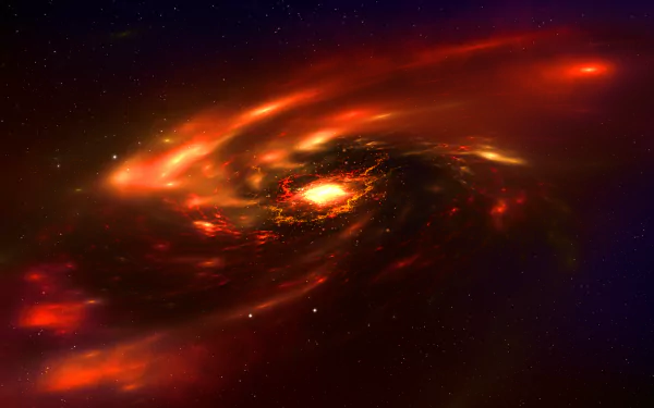 A vivid 4K Ultra HD sci-fi galaxy wallpaper featuring swirling fiery orange and red cosmic clouds surrounding a bright central core against a deep space backdrop.