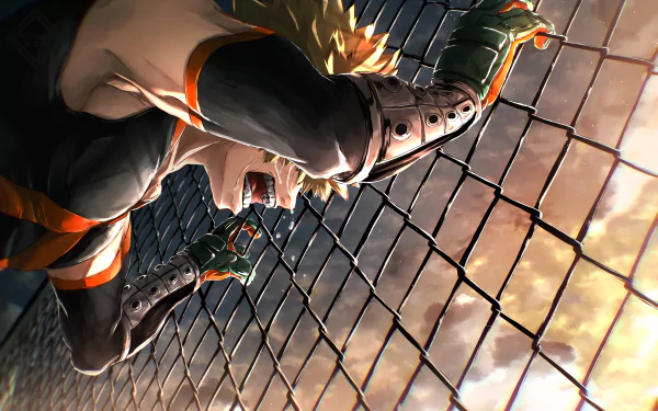Katsuki Bakugou from My Hero Academia displayed in a dynamic 4K Ultra HD anime wallpaper, showcasing intense emotion against a chain-link fence backdrop.