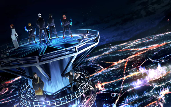 A stunning 4K Ultra HD desktop wallpaper featuring characters from the anime Jujutsu Kaisen standing on a futuristic structure overlooking a cityscape at night.
