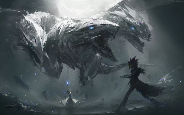 Anime Yu-Gi-Oh! 4K Ultra HD PC desktop wallpaper: silhouetted duelist confronts three towering ethereal Blue-Eyes White Dragon heads, glowing blue eyes amid stormy mist.