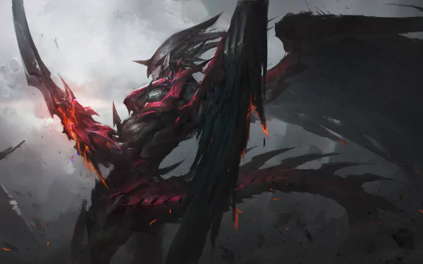 Anime Yu-Gi-Oh! 4K Ultra HD PC desktop wallpaper/background showing an ominous black dragon with glowing red fissures and tattered wings emerging from smoky skies.