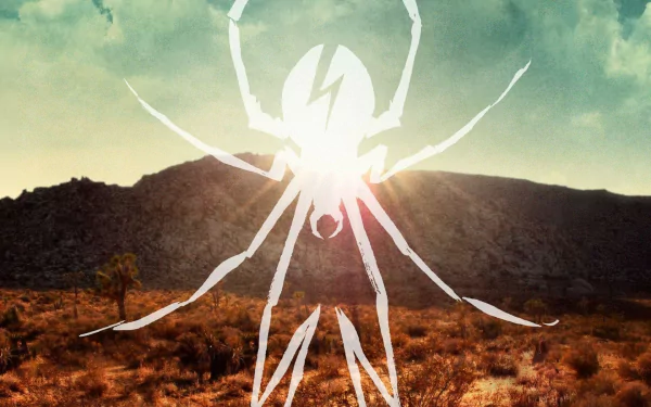HD PC desktop wallpaper: desert sunrise over mountains with a white My Chemical Romance spider logo centered over the sun.
