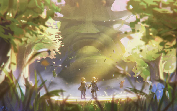 HD PC desktop wallpaper featuring a serene forest scene from the video game The Legend of Zelda: Breath of the Wild, with two characters walking hand in hand.
