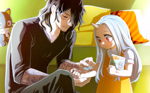 HD anime wallpaper featuring Shota Aizawa and Eri from My Hero Academia, showing a tender moment between the characters in a brightly lit room.