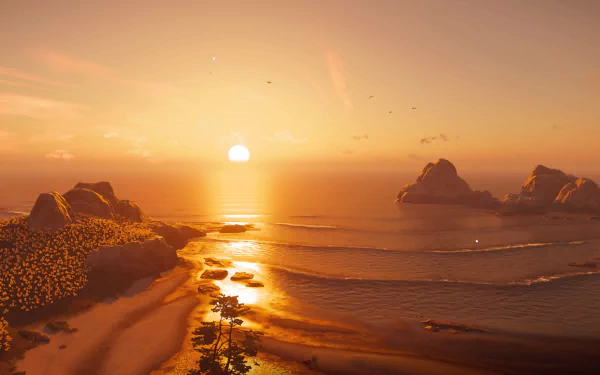 4K Ultra HD PC desktop wallpaper from PlayStation 5 video game Ghost of Tsushima: golden sunset over curved shoreline, islands, waves and silhouetted trees.