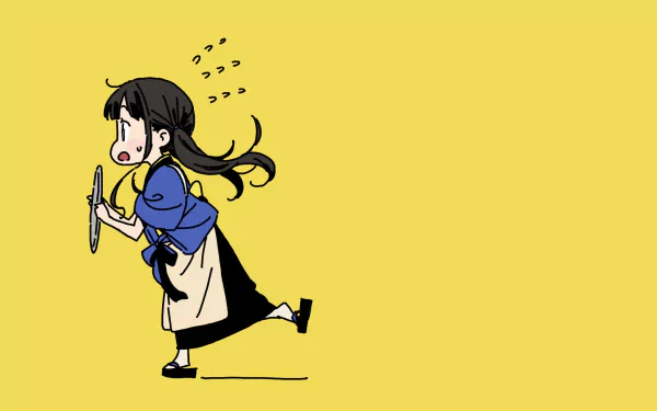 HD anime desktop wallpaper featuring Takina Inoue from Lycoris Recoil running with a pan against a solid yellow background.