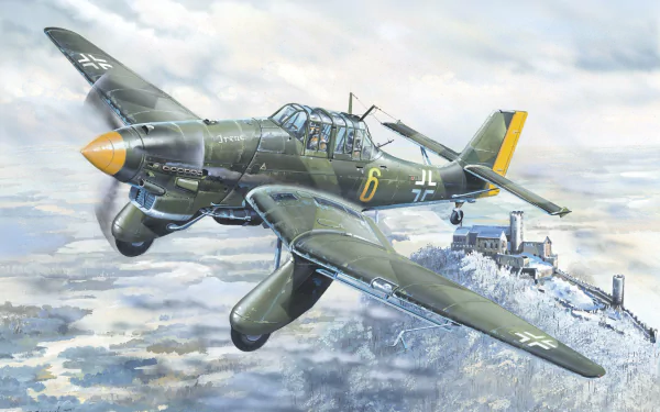 HD PC desktop wallpaper/background: Luftwaffe military Junkers Ju 87 Stuka dive bomber flying low over a snowy landscape with a hilltop castle below.