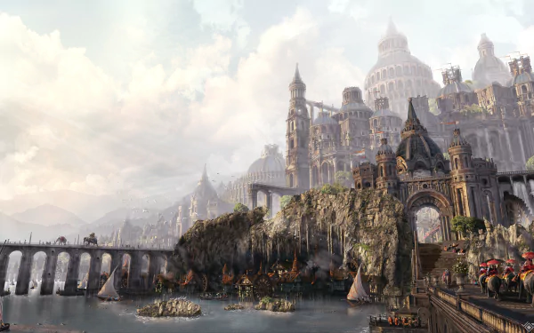 An HD desktop wallpaper featuring a grand fantasy city with towering structures, a stone bridge, and sailboats in a serene body of water. The background includes a cloudy sky and majestic architecture.