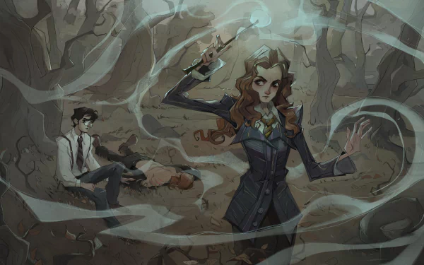 4K PC wallpaper (Harry Potter: Magic Awakened): Hermione Granger casting magic in a misty forest while Ron Weasley and Harry Potter sit injured behind her.