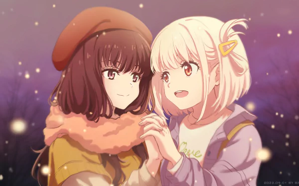 Chisato Nishikigi and Takina Inoue from Lycoris Recoil share a heartfelt moment in this vibrant 4K Ultra HD anime desktop wallpaper.
