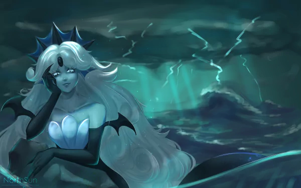 Black Pearl Cookie from COOKIE RUN: KINGDOM stands amid a stormy, teal-lit sea with flowing hair, shell bodice and bat-like wings — 4K Ultra HD PC desktop wallpaper/background.