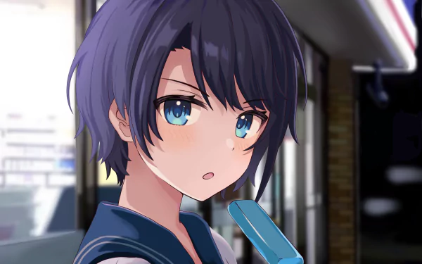 Oozora Subaru, hololive Virtual YouTuber: anime-style portrait with short dark hair and blue eyes holding a popsicle on a nighttime city street — 2K Quad HD PC wallpaper