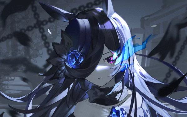 HD PC wallpaper of Rice Shower from Uma Musume: Pretty Derby — moody anime portrait with horse ears, long silver hair, a blue rose, glowing blue eye and chains in the background.