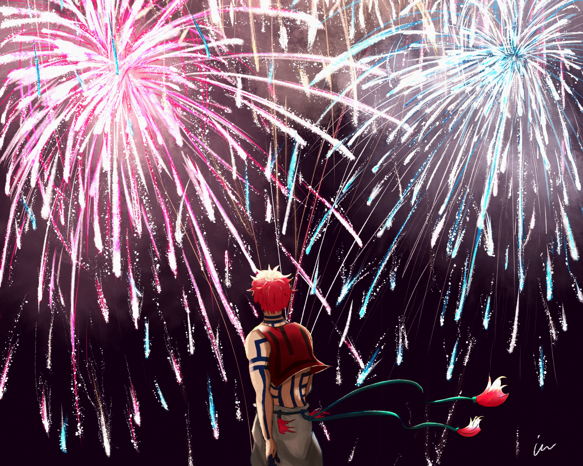 Anime HD desktop wallpaper from Demon Slayer: Kimetsu no Yaiba, featuring a character with red hair watching vibrant pink and blue fireworks burst in the night sky.